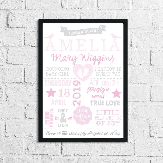 Personalised Baby Girl's Birth Pink Children's Bedroom Room Wall Decor Print
