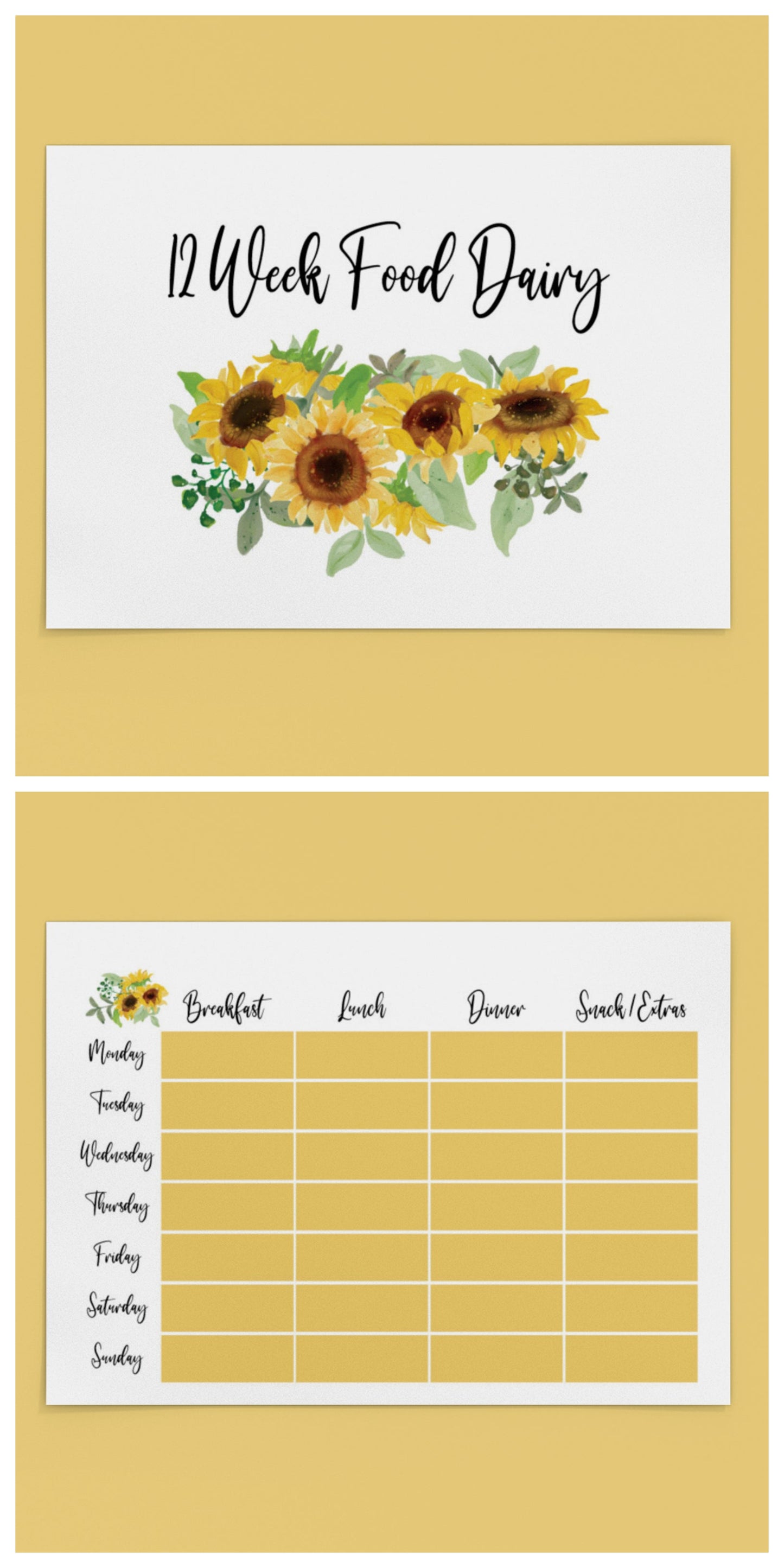 Binded Cute Sunflower Pretty A4 Weight Loss & Diet 12 Week Food Journal Diary