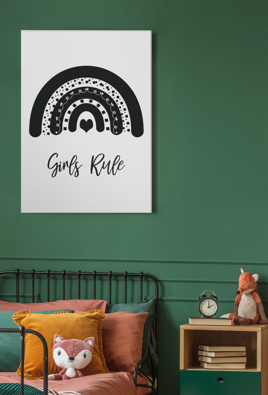 Girls Rule Rainbow Monochrome Boho Children's Room Wall Bedroom Decor Print
