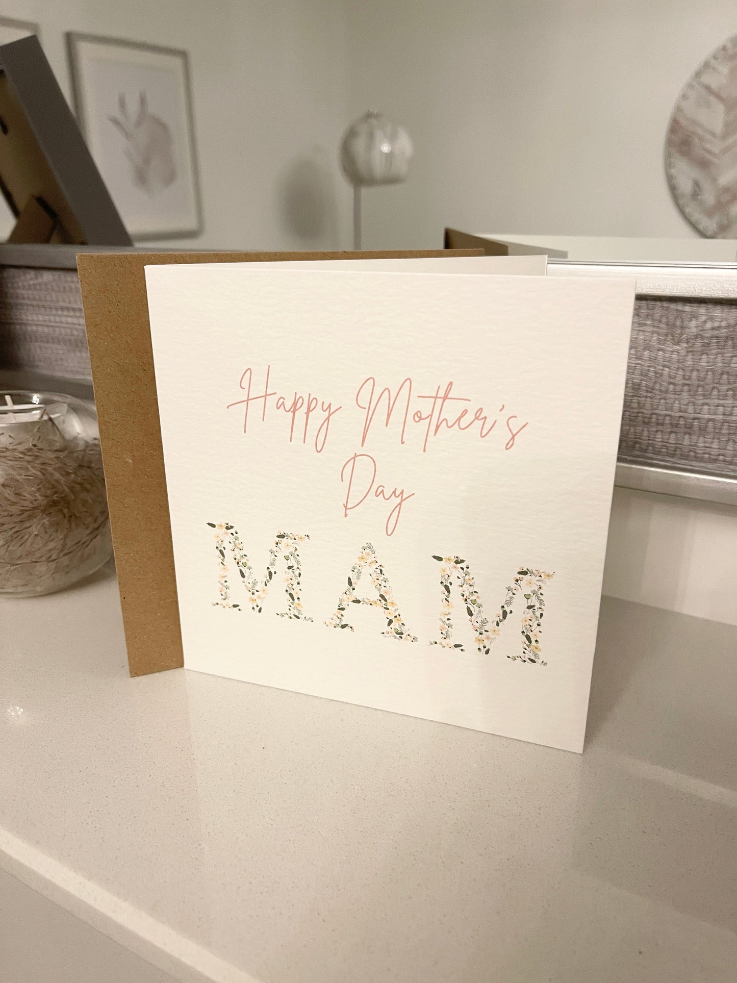 Happy Mothers Day Mam Pink Floral Letters Mothers Day Cute Funny Humorous Hammered Card & Envelope