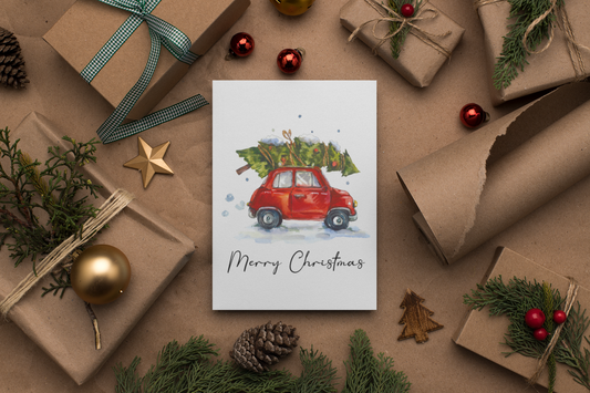 Merry Christmas Tree Car Seasonal Hammered Card & Envelope