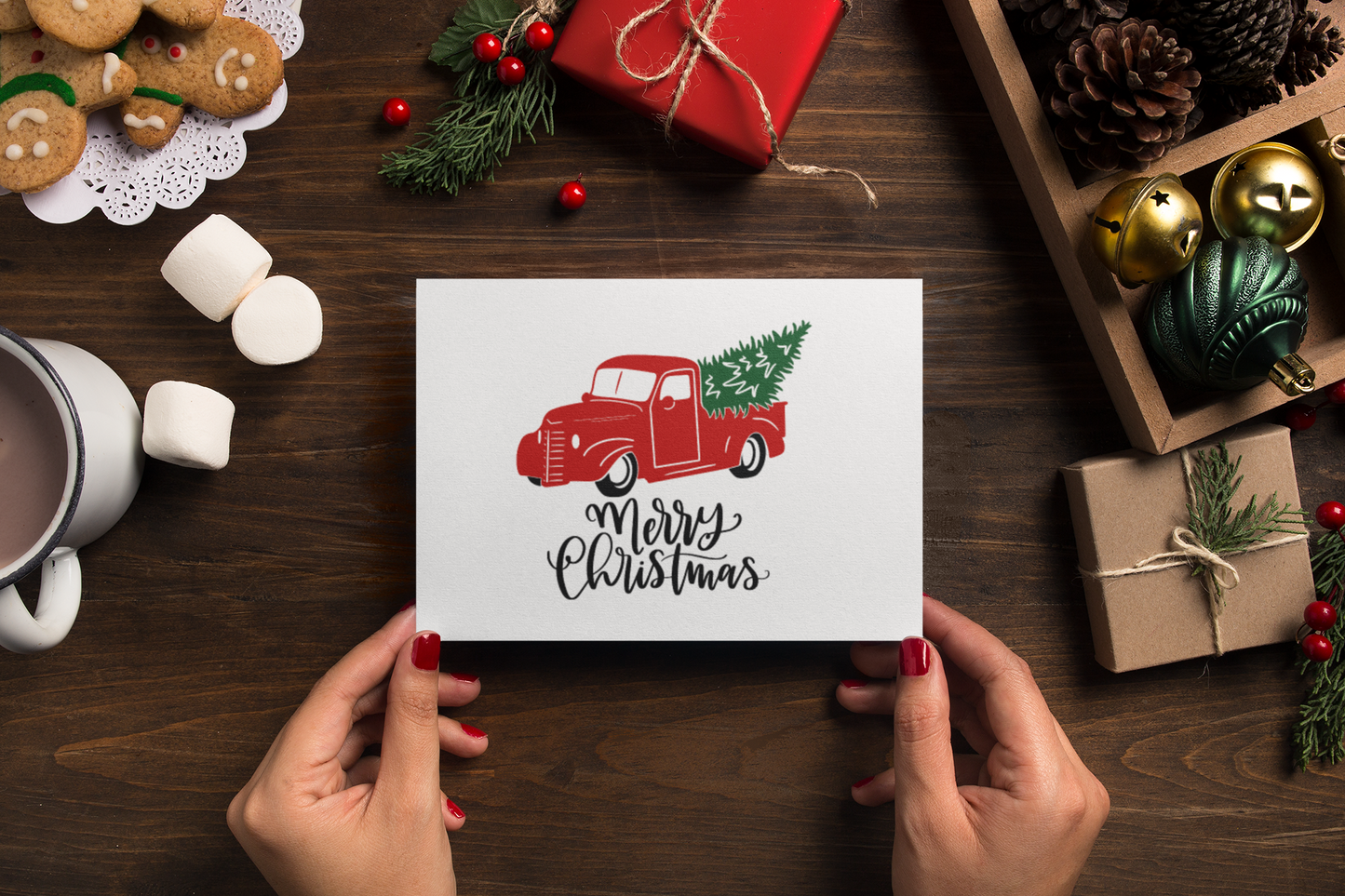 Merry Christmas Tree Red Truck Seasonal Hammered Card & Envelope