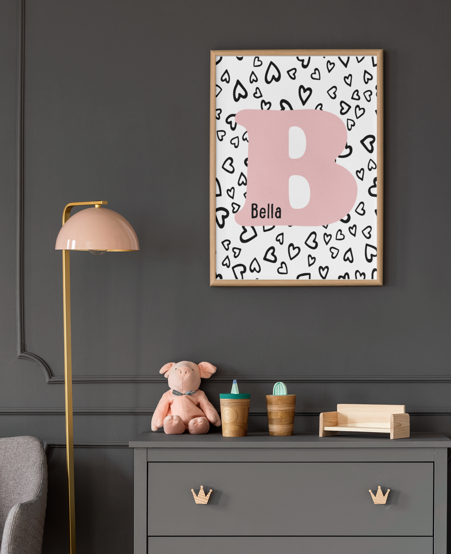 Pastel Pink Initial Name Heart Background Children's Room Wall Decor Print