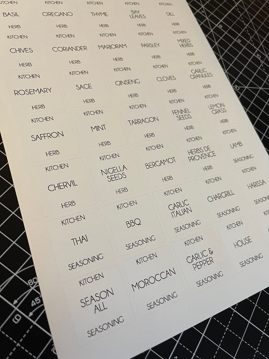 Kitchen Herbs & Seasonings Waterproof White Sticker Bundle Fine Font - 3.5cm x 3.5cm / 35 Labels