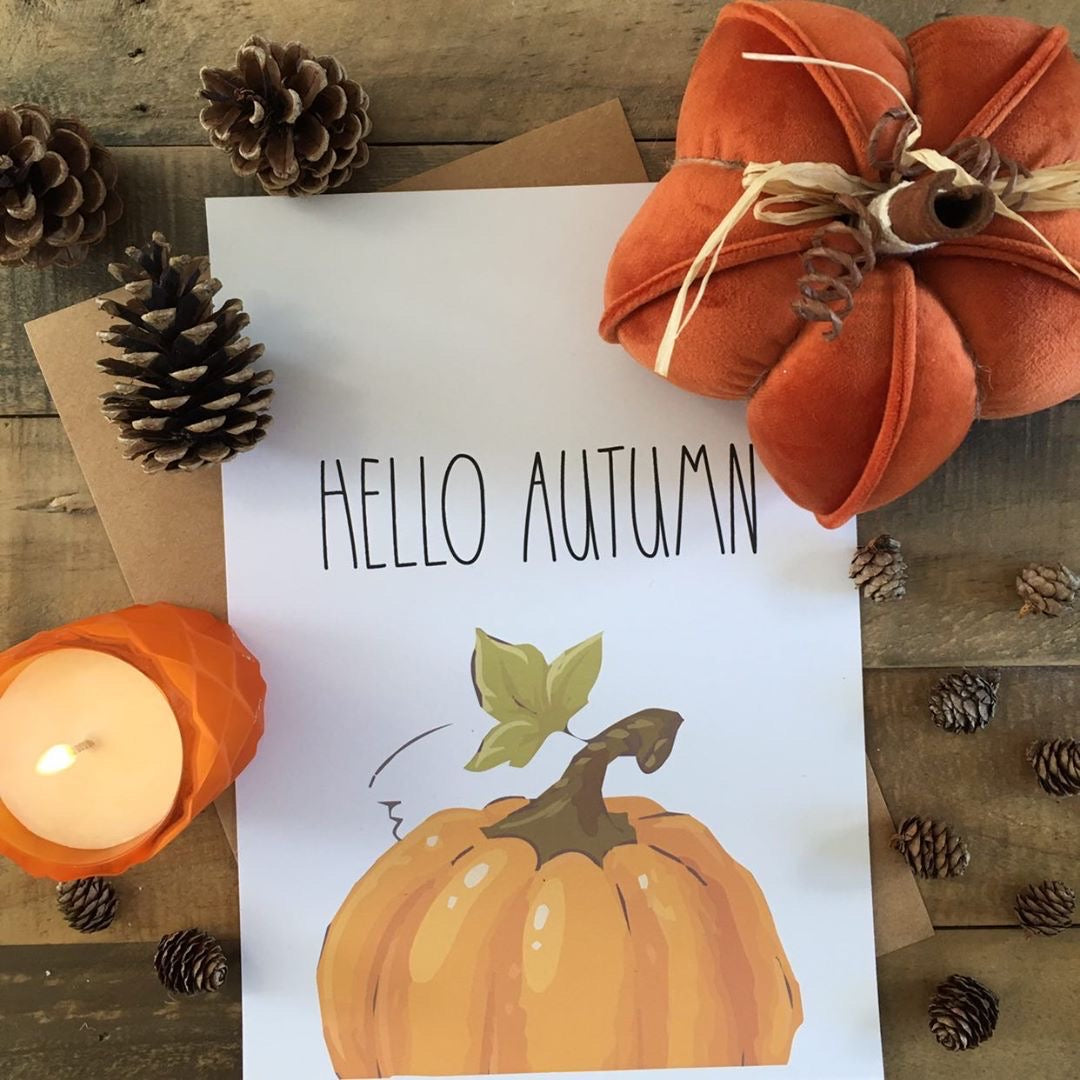 Hello Autumn Half Pumpkin Autumn Seasonal Wall Home Decor Print