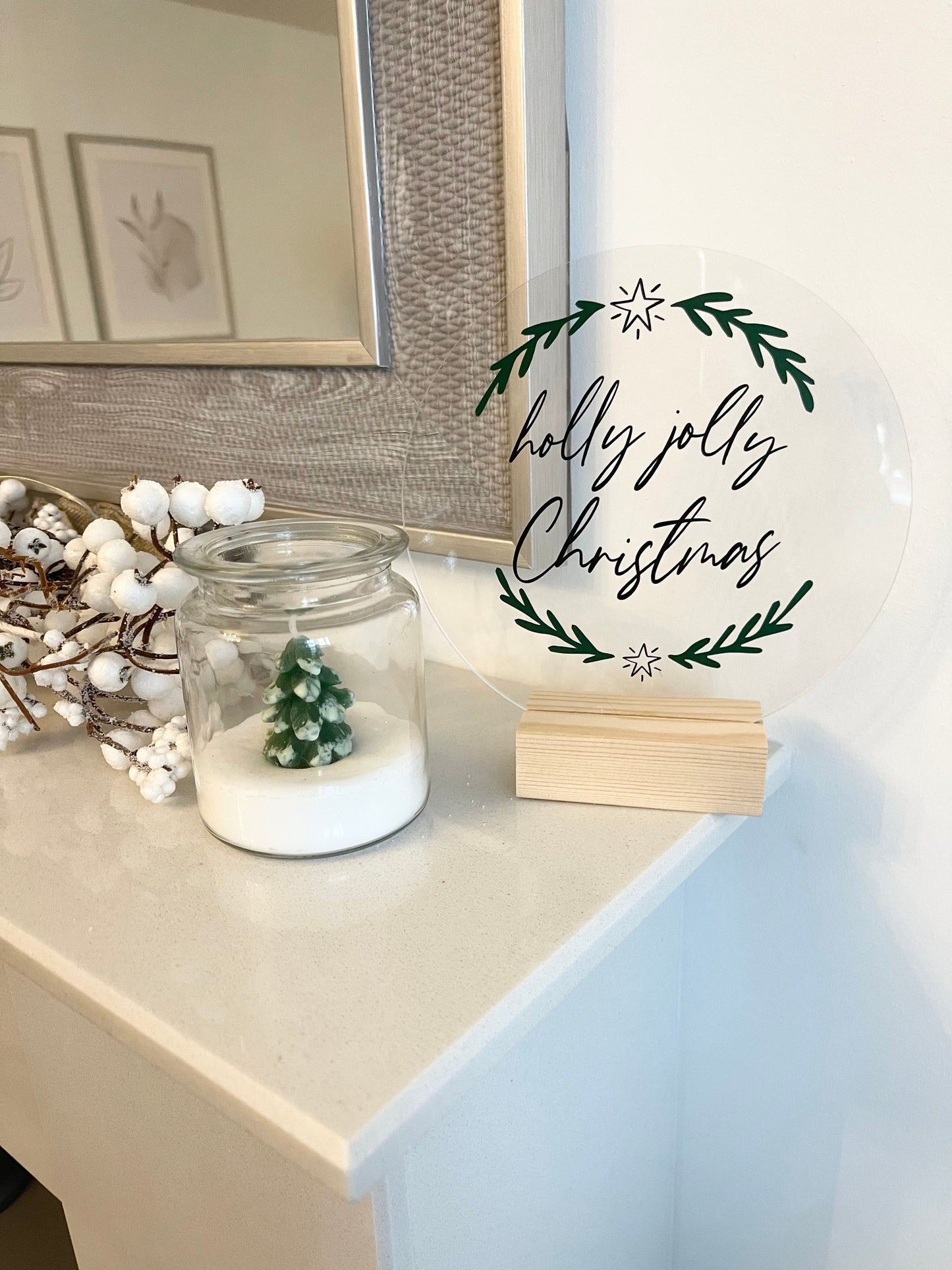 Holly Jolly Christmas Acrylic Plaque Sign With Wooden Base
