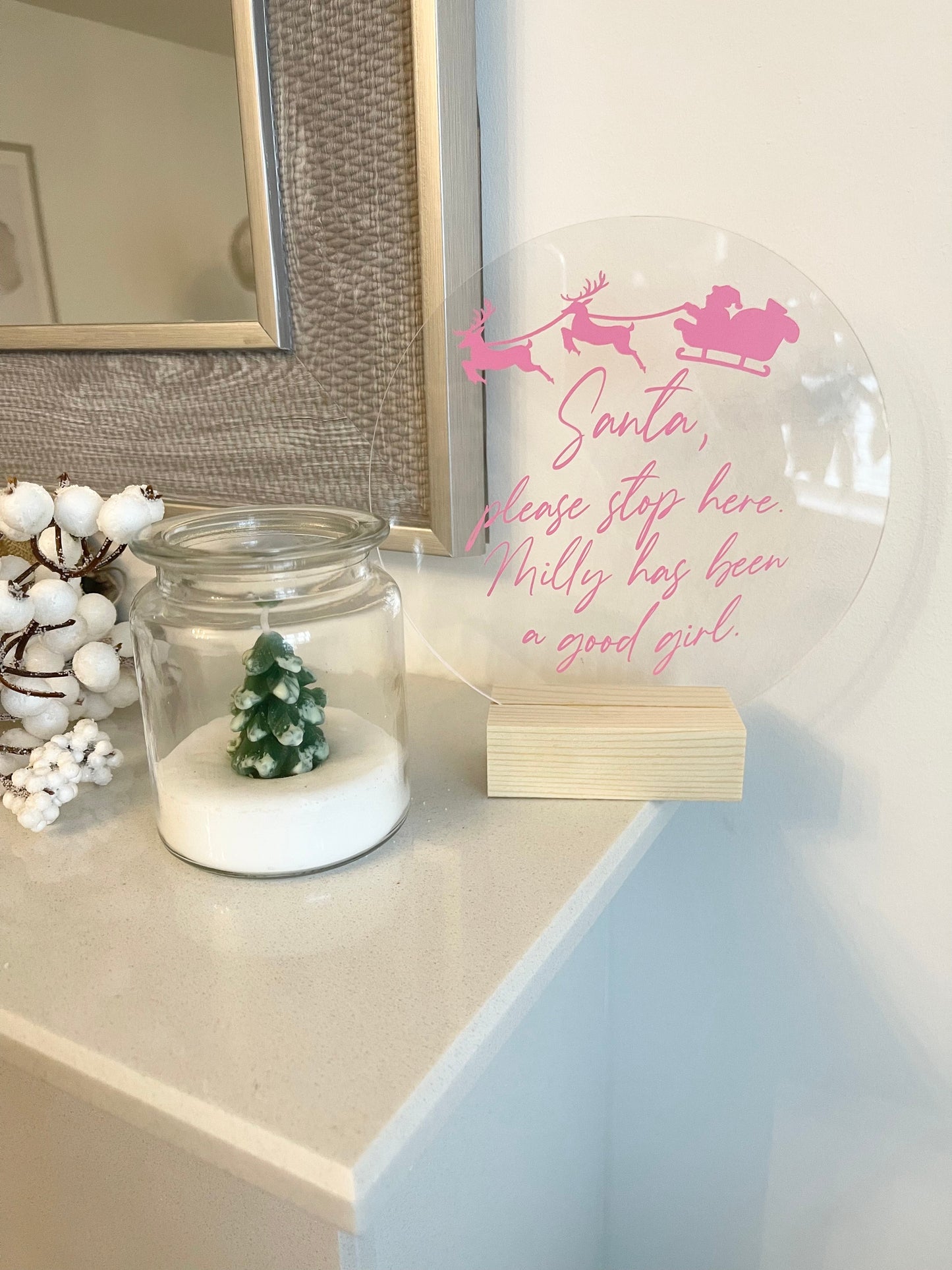 Santa Please Stop Here Custom Name Christmas Acrylic Plaque Sign With Wooden Base