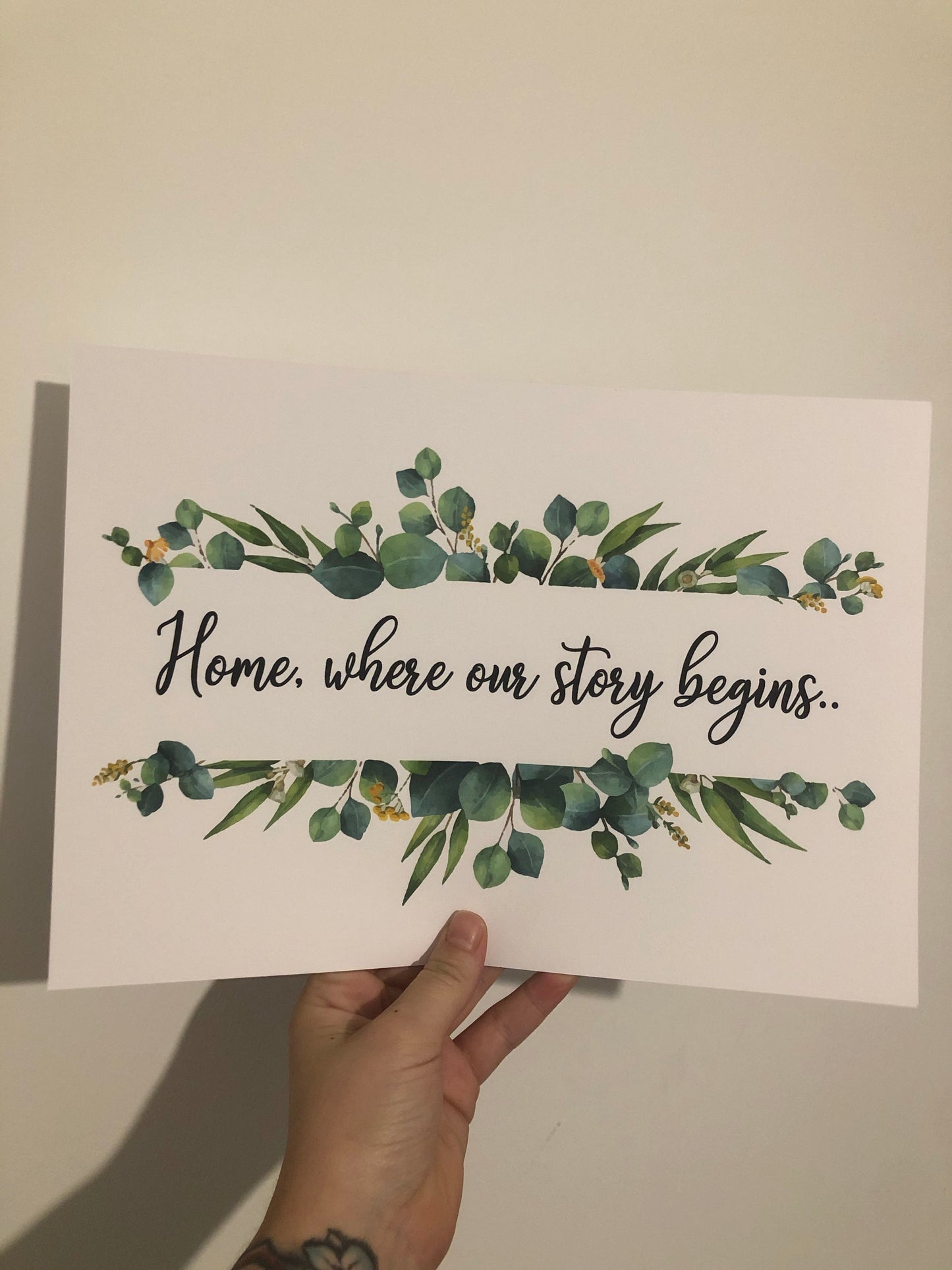 Home,Where Our Story Begins Green Eucalyptus Floral Landscaped Wall Decor Print