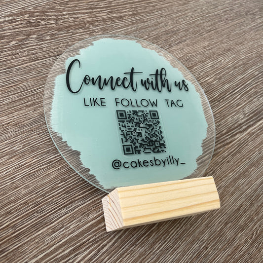 Connect With Us Social Media Handle Circle Acrylic Plaque Sign With Wooden Base