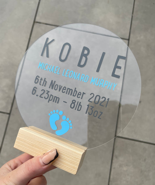 New Baby Personalised Gift Acrylic Plaque Sign With Wooden Base - Upto 2 Colours
