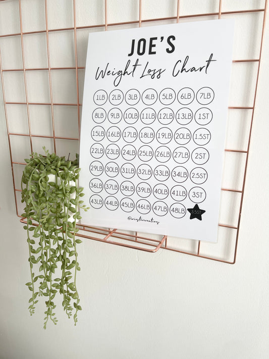Personalised Name A4 Black & White Weight Loss Chart Tracker Print - st. lb Units