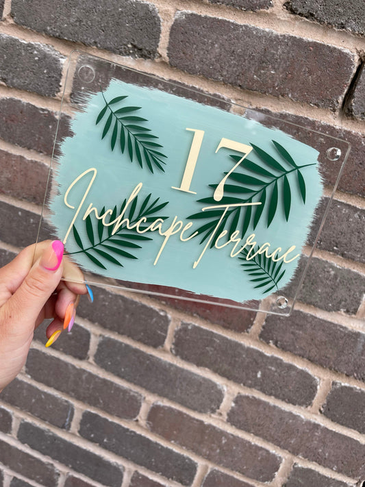 Palm Leaf Design House Name/Number High Quality Acrylic Outdoor Or Inside Sign Including Fixtures & Standoffs - Assorted Colours & Fonts (See Images)