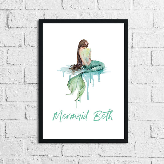 Personalised Mermaid Brunette Children's Room Wall Decor Print